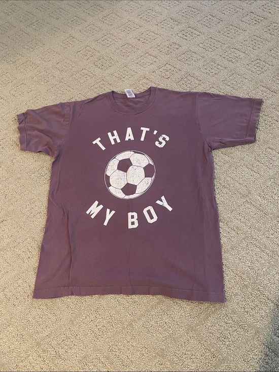 m & o vintage Tops - Gildan Purple Graphic Soccer Tee with White Print